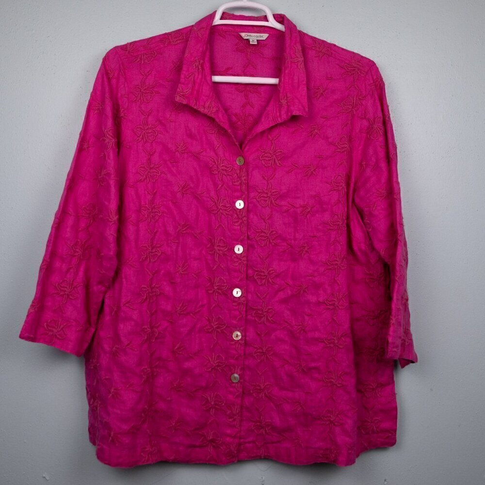 John Mark 100% linen pink embroidered button up shirt-1X